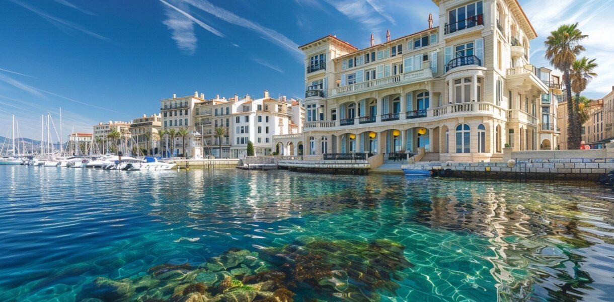 Vue panoramique de Toulon avec marina et immeubles, illustrant l'opportunité d'investissement immobilier dans le Sud