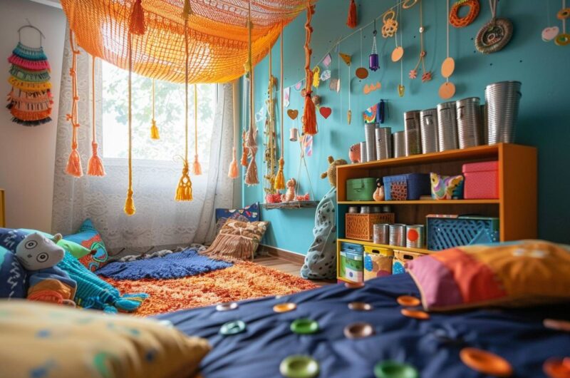 Enfant souriant dans une chambre lumineuse décorée avec des matériaux recyclés pour un projet Recycl'Art enfantin