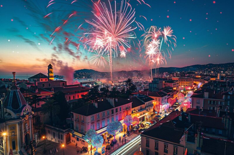 Foule enjouée célébrant lors d'un festival coloré à Toulon, 2023 - ambiance festive et décorations lumineuses en soirée